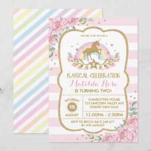 Rainbow Unicorn Party Geburtstag Einladen Rosa Blü Einladung