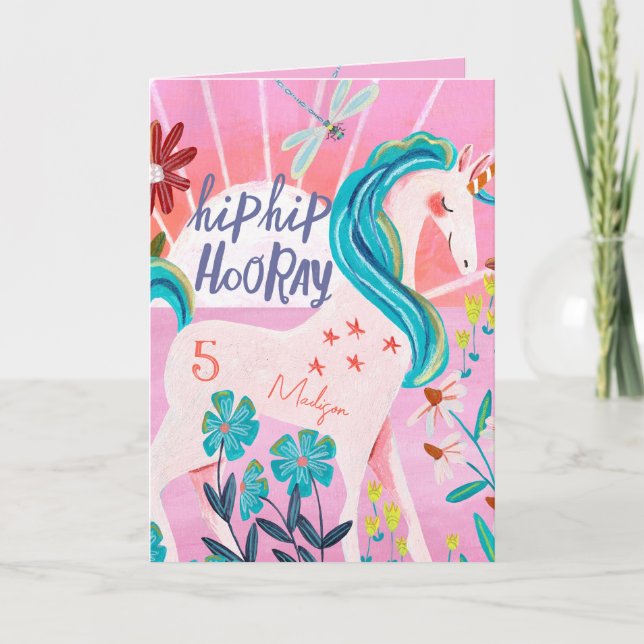 Rainbow Unicorn Personalisiertes Zeitalter Rosa Ge Karte (Vorderseite)