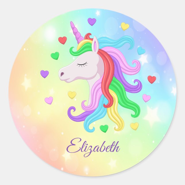 Rainbow Unicorn Pony Hearts Glitzern Girly Runder Aufkleber (Vorderseite)