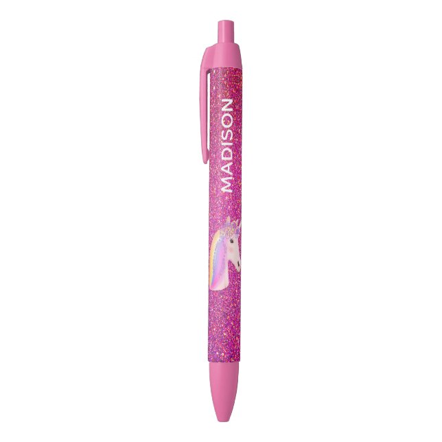 Rainbow Unicorn Rosa Glitzer Girls Personalisiert Kugelschreiber (Oberseite (Vertikal))