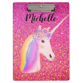 Rainbow Unicorn Rosa Glitzer Glitzern Personalisie Klemmbrett
