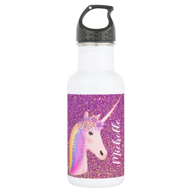 Rainbow Unicorn Rosa Glitzer Sparkle Girls Edelstahlflasche (Vorderseite)