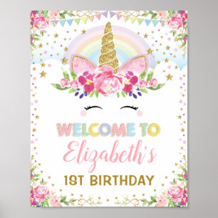 Rainbow Unicorn Rosa Gold Floral Geburtstag Willko Poster