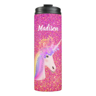 Rainbow Unicorn Rosa Gold Glitzer Blumenname Thermosbecher