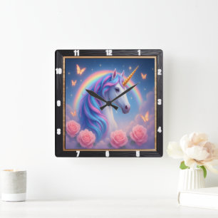 Rainbow Unicorn Rose Butterfly Quadratische Wanduhr