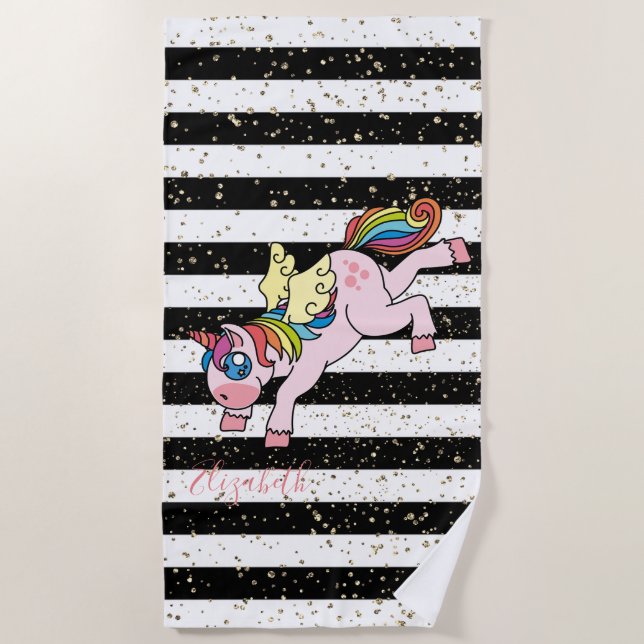 Rainbow Unicorn, Schwarz-weiß gestreift - Personal Strandtuch (Vorderseite)
