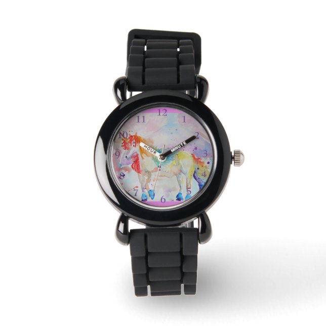 Rainbow Unicorn Silver Glitzer Girls Name Watch Armbanduhr (Vorderseite)