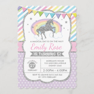 Rainbow Unicorn Silver Pink Geburtstagsparty Einla Einladung