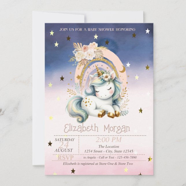 Rainbow Unicorn Stars Ombre Kinderdusche Einladung (Vorderseite)