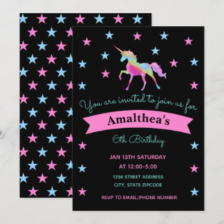 Rainbow Unicorn und Stars Einladung zum Geburtstag