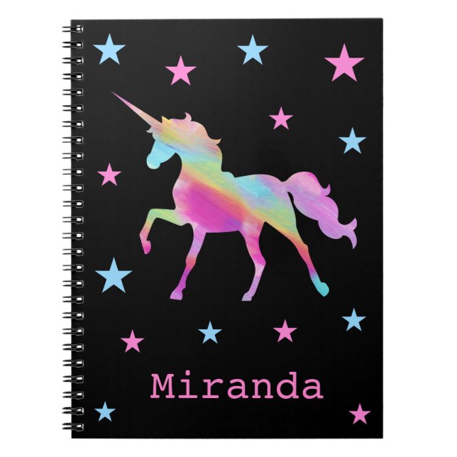 Rainbow Unicorn und Stars Notebook Notizblock (Vorderseite)