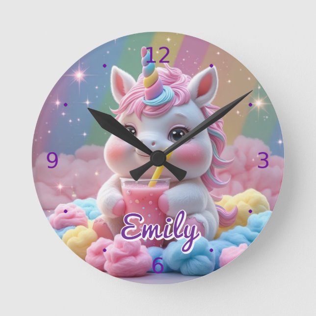 Rainbow Unicorn Wall Clock - bearbeitbarer Name Runde Wanduhr (Vorderseite)
