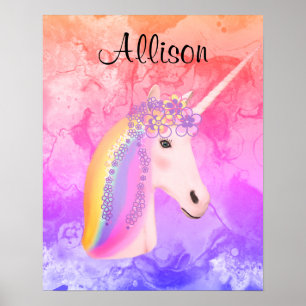 Rainbow Unicorn Wasserfarbene Girls Personalisiert Poster