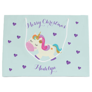 Rainbow Unicorn Weihnachts-Glitzer Aqua Große Geschenktüte
