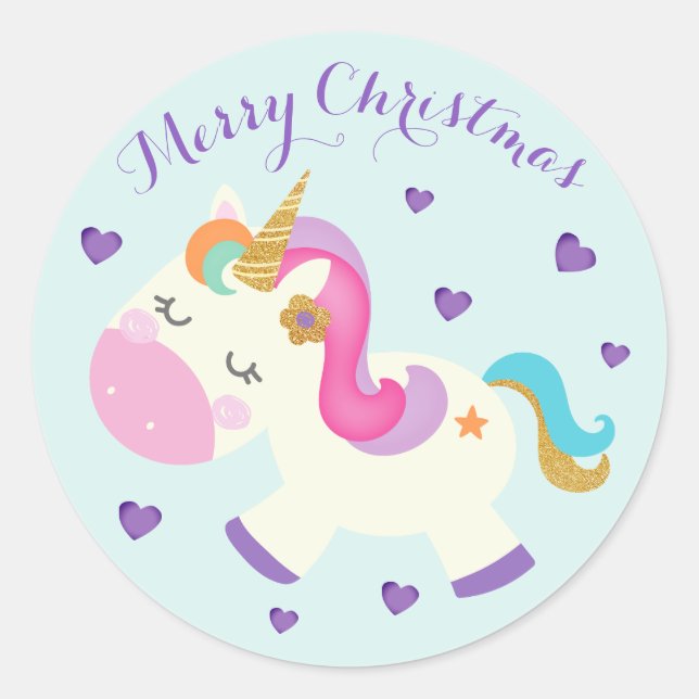 Rainbow Unicorn Weihnachts-Glitzer Aqua Runder Aufkleber (Vorderseite)