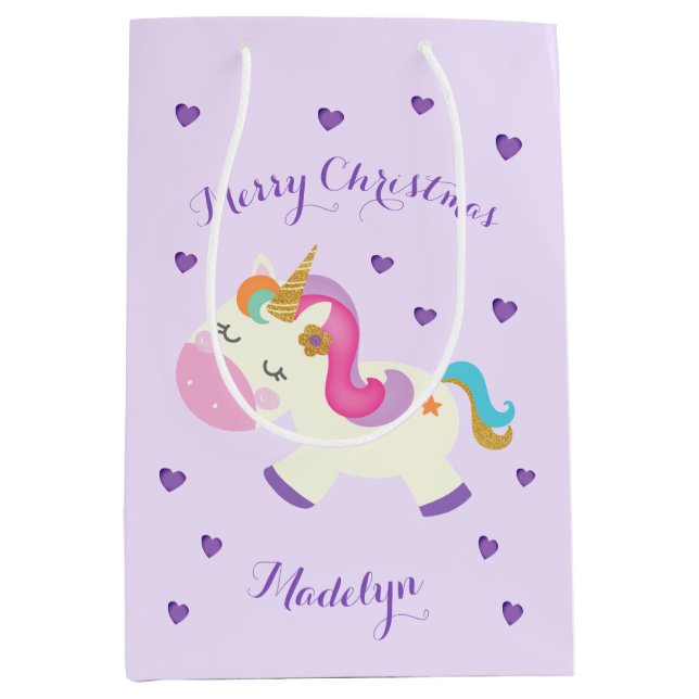 Rainbow Unicorn Weihnachtsfest Glitzer Lila Mittlere Geschenktüte (Vorderseite)