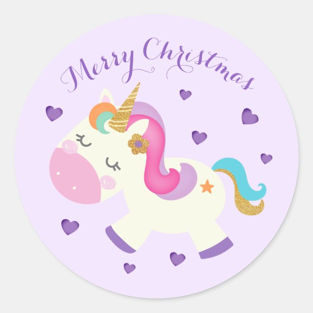 Rainbow Unicorn Weihnachtsfest Glitzer Lila Runder Aufkleber (Vorderseite)