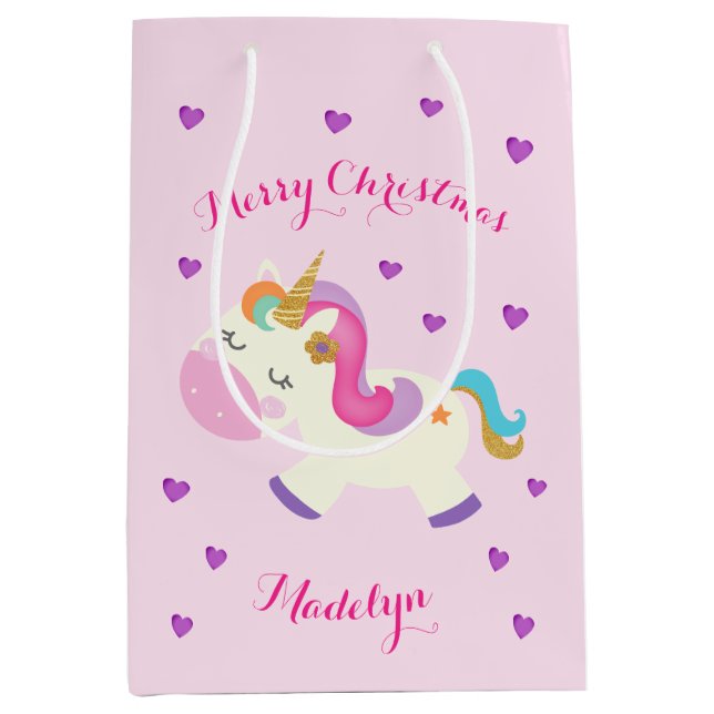 Rainbow Unicorn Weihnachtsfest Glitzer Pink Mittlere Geschenktüte (Vorderseite)