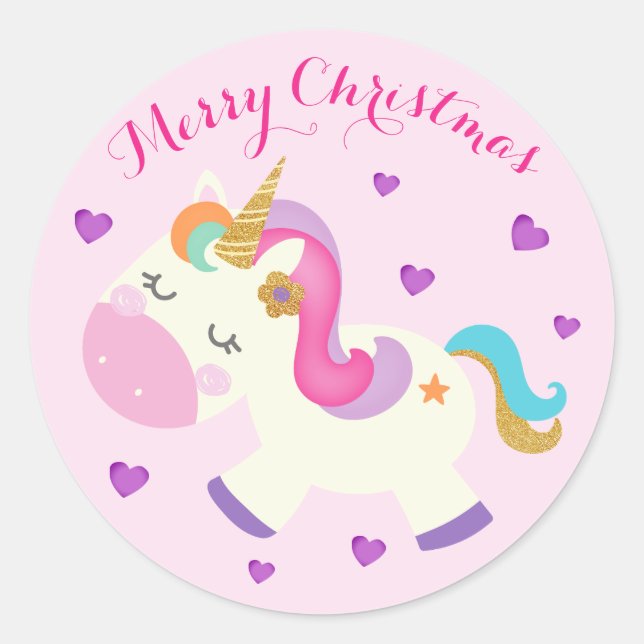 Rainbow Unicorn Weihnachtsfest Glitzer Pink Runder Aufkleber (Vorderseite)