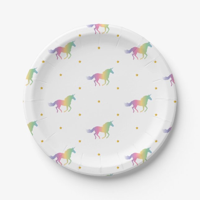 Rainbow Unicorns & Gold Stars Muster Pappteller (Vorderseite)