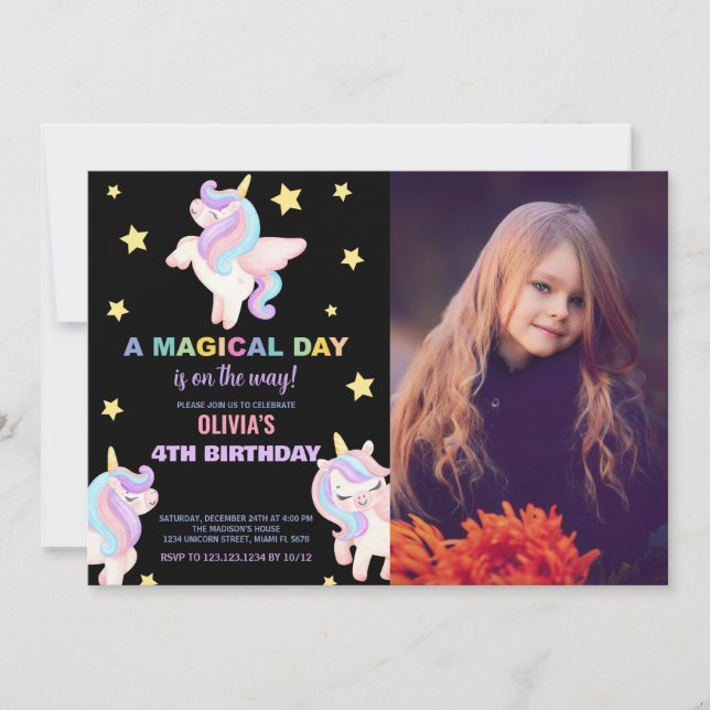 Rainbow Unicorns Invitations d'anniversaire avec p (Devant)