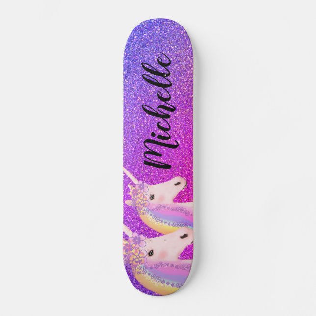 Rainbow Unicorns Lila Rosa Glitzer Personalisiert Skateboard (Vorderseite)