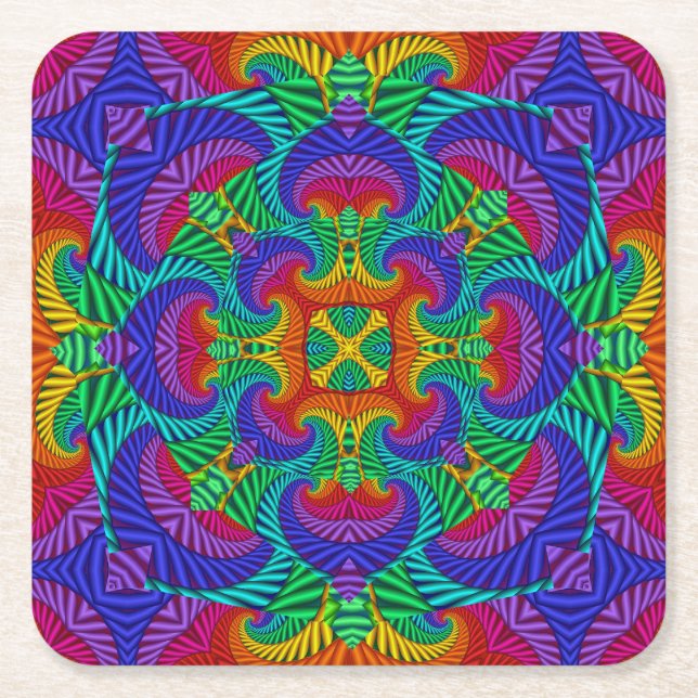 Rainbow Vintag Psychedelic Fraktal Kaleidoskop Rechteckiger Pappuntersetzer (Vorderseite)