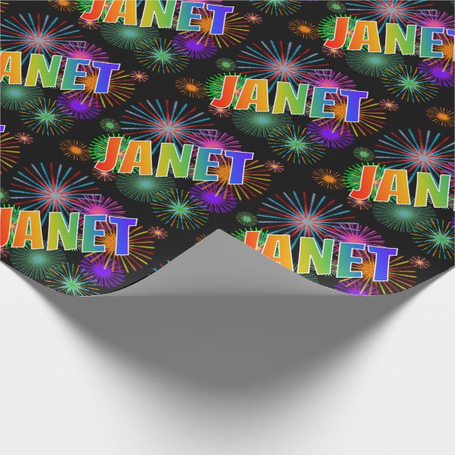 Rainbow Vorname "JANET" + Feuerwerkskörper Geschenkpapier (Ecke)