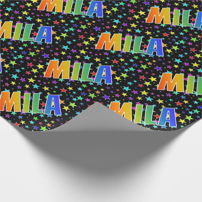 Rainbow Vorname "MILA" + Sterne Geschenkpapier (Ecke)