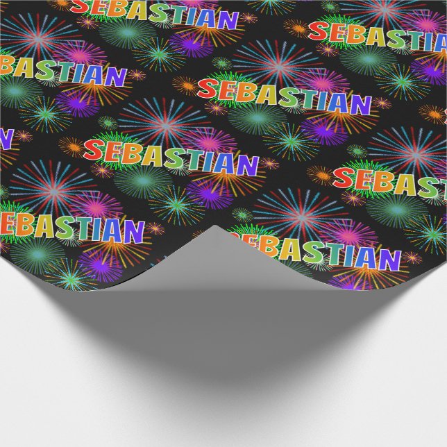 Rainbow Vorname "SEBASTIAN" + Fireworks Geschenkpapier (Ecke)