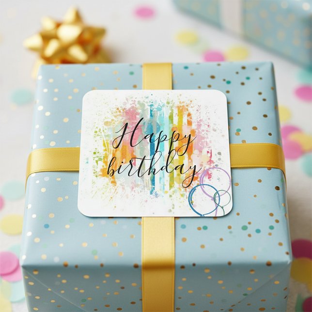 Rainbow Wassercolor Streifen und Paint-Spritzer Quadratischer Aufkleber (Von Creator hochgeladen)