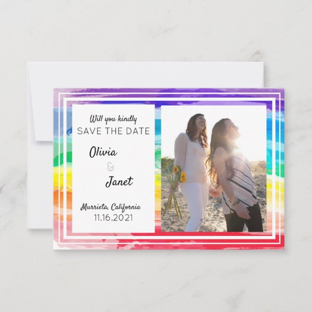 Rainbow-Wasserfarben Hochzeitssache Das Date-FOTO  Einladung (Vorderseite)