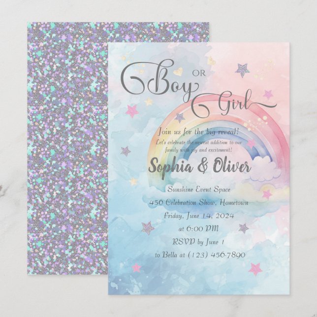 Rainbow Watercolor Abstrakt Gender Reveal Einladung (Vorne/Hinten)