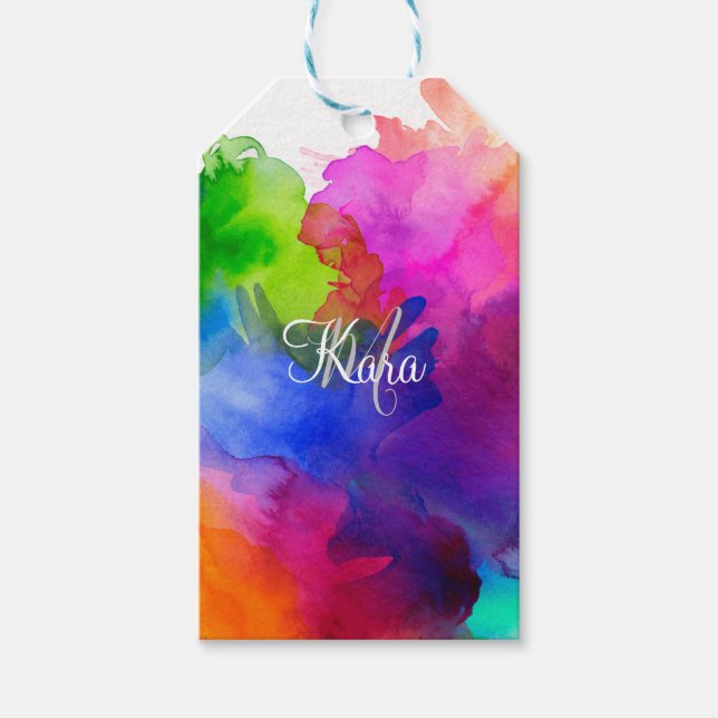 Rainbow Watercolor Abstrakt Name Monogram Geschenkanhänger (Vorderseite)