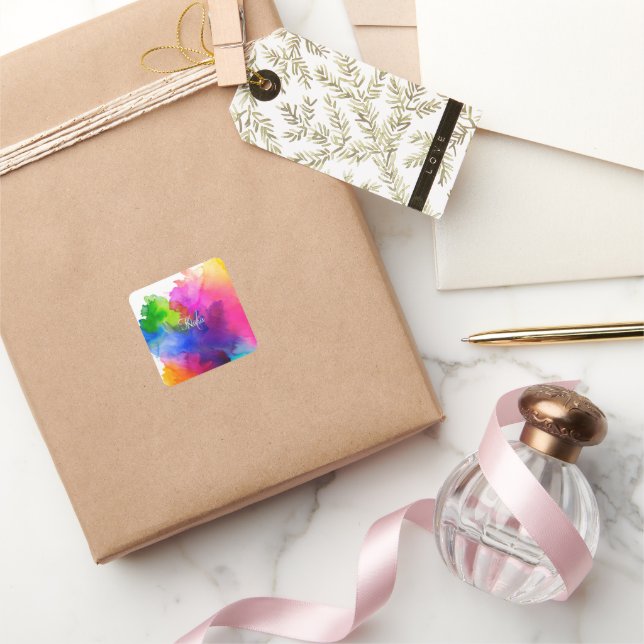 Rainbow Watercolor Abstrakt Quadratischer Aufkleber (Schenken)