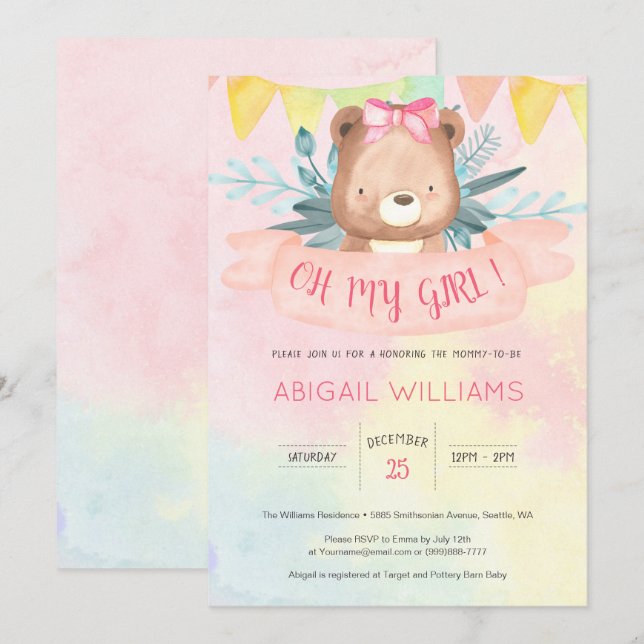 Rainbow Watercolor Bear Girl Babydusche Einladung (Vorne/Hinten)