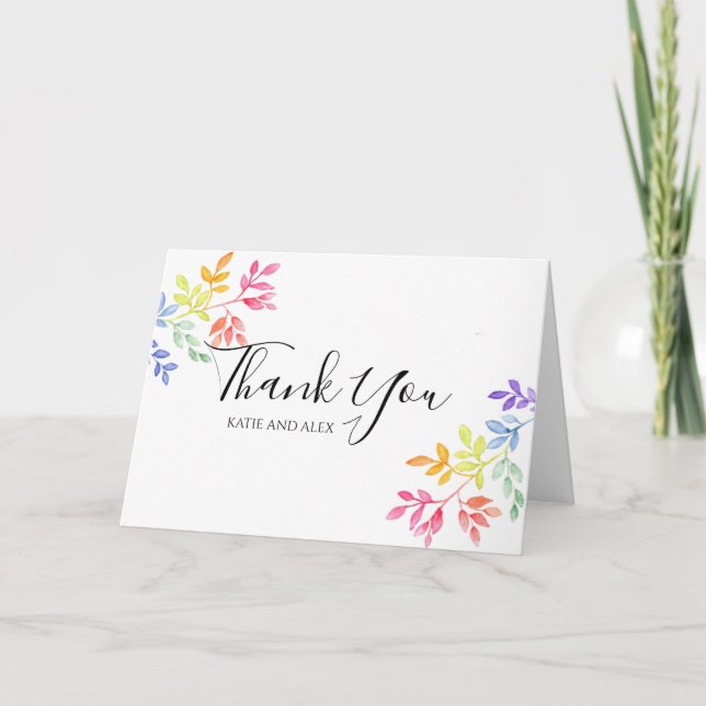 Rainbow Watercolor Botanische Hochzeit Vielen Dank Karte (Vorderseite)