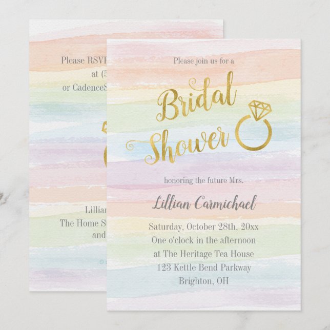 Rainbow Watercolor Brautparty mit Gold Einladung (Vorne/Hinten)