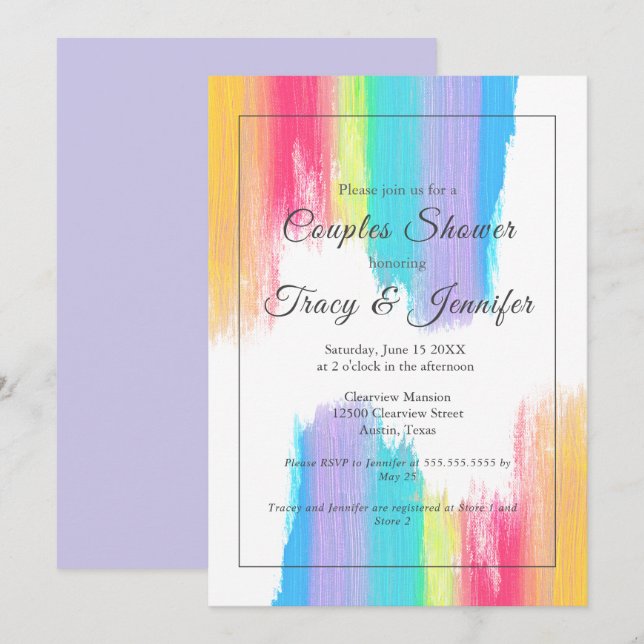 Rainbow Watercolor Elegant LGBT Paare Dusche Einladung (Vorne/Hinten)