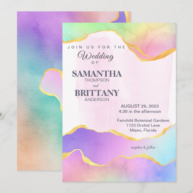 Rainbow Watercolor Gold LGBT Hochzeit Einladung (Vorne/Hinten)