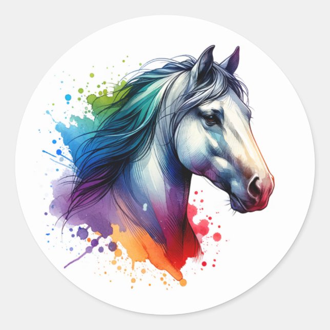 Rainbow Watercolor Horse Runder Aufkleber (Vorderseite)