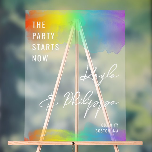 Rainbow Watercolor LGBT Wedding Party startet jetz Acrylschild (Neutral)