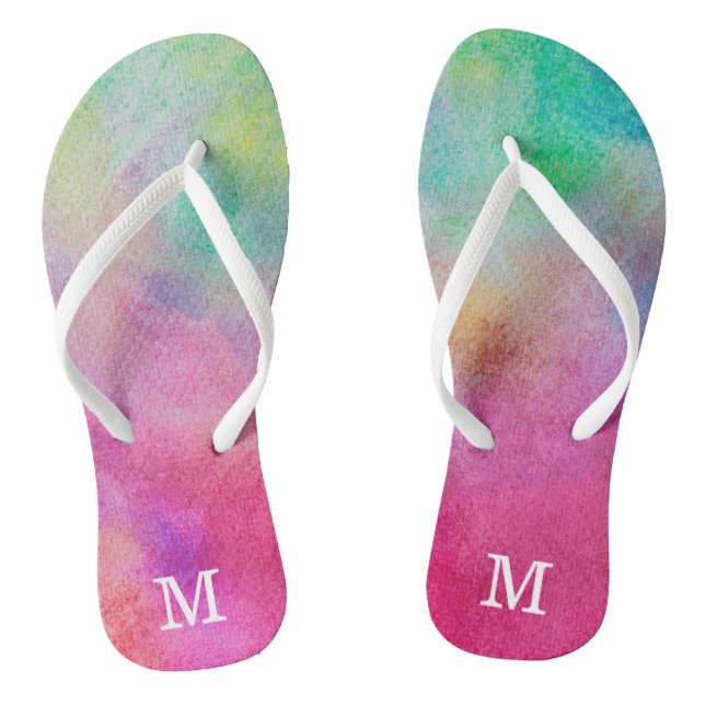 Rainbow Watercolor Monogram Flip Flops (Fußbett)