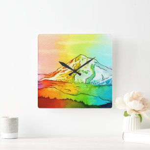 Rainbow Watercolor Mount Hood Quadratische Wanduhr