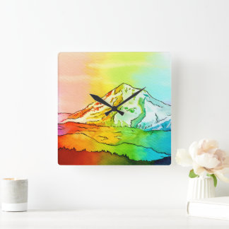 Rainbow Watercolor Mount Hood Quadratische Wanduhr