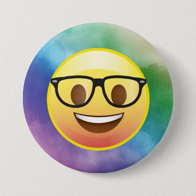 Rainbow Watercolor Nerd Emoji Glasses Button (Vorderseite)