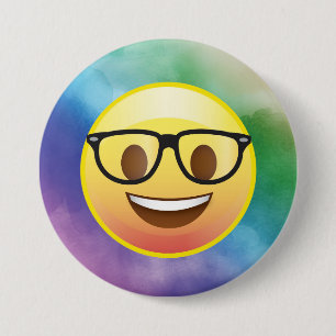 Rainbow Watercolor Nerd Emoji Glasses Button