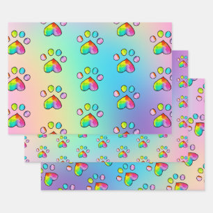 Rainbow Watercolor Paw Print Birthday Party Geschenkpapier Set