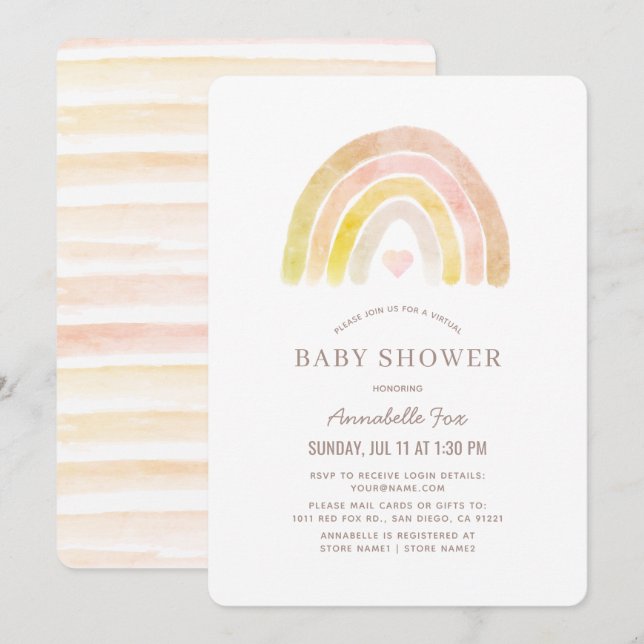 Rainbow Watercolor Pink Virtual Baby Dusche Einladung (Vorne/Hinten)