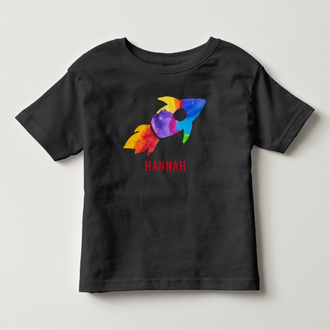 Rainbow Watercolor Rocket Weltraumkinder Kleinkind T-shirt (Vorderseite)